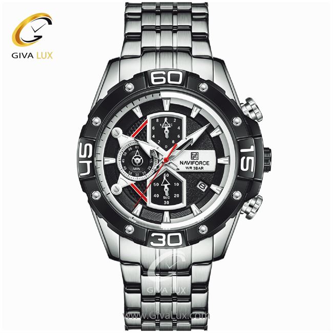 ساعت مچی اورجینال مردانه ناوی فورس|Naviforce|نوی فورس|نیوی فورس سه موتوره کرنوگراف مشکی | نقره ای| مشکی| کد رفرنس NF8018